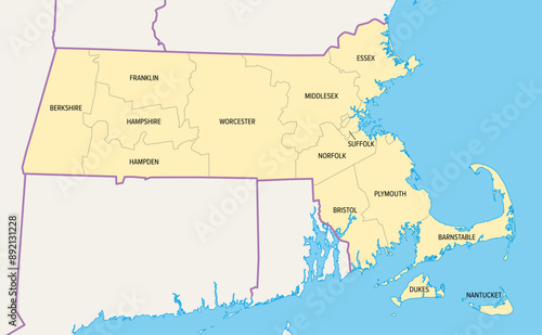 Massachusetts counties, political map. Commonwealth of Massachusetts, a state in the New England region of Northeastern United States, subdivided into 14 counties. With boundaries and county names.
