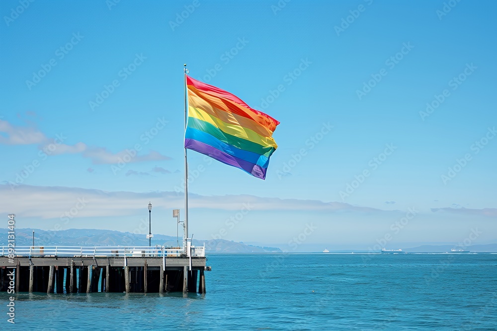 Lregulated pride flag waving in the wind at harbor with clear blue sky ...