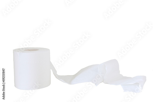 Soft white tissue roll (toilet roll, loo roll, bog roll) slightly unravelled, against white background