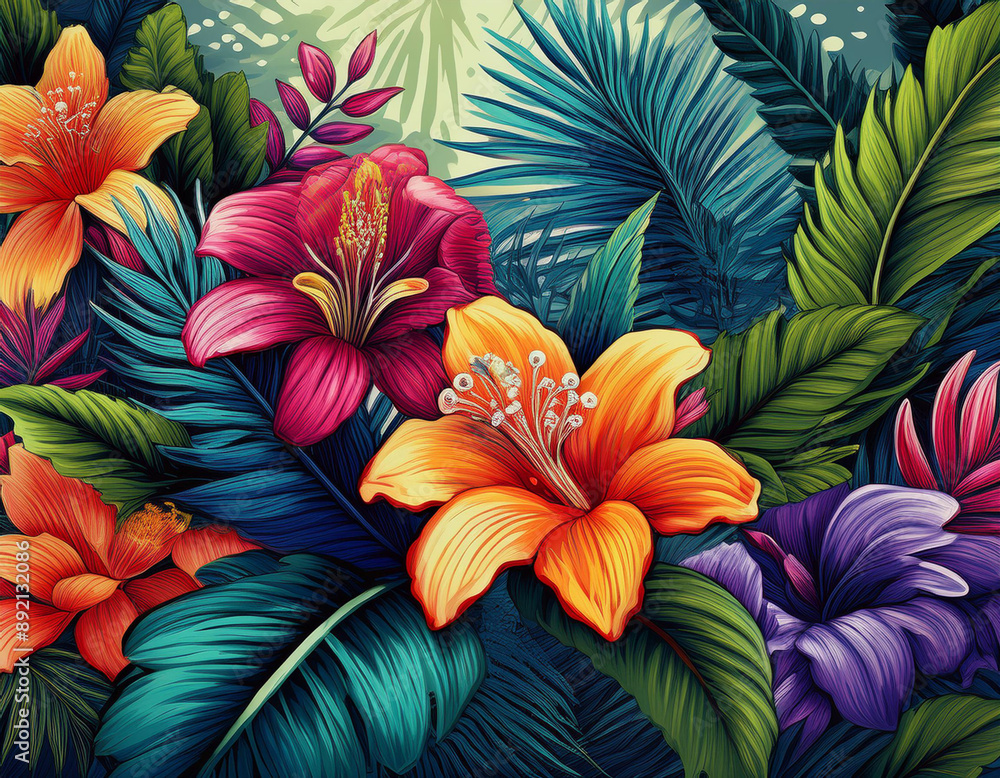Colorful Tropical Plants and Flowers with Bold Lines and Bright Colors Colorful Tropical Plants and Flowers with Bold Lines and Bright Colors