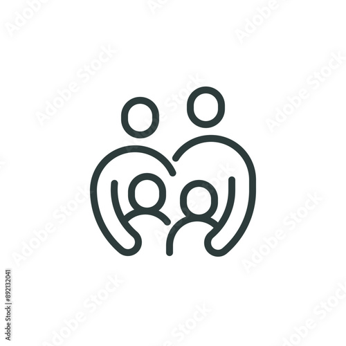 Thin outline icon happy young family, mother father and children. Line sign loving parents, family members, insurance family health. Vector isolated pictogram on white background editable stroke.