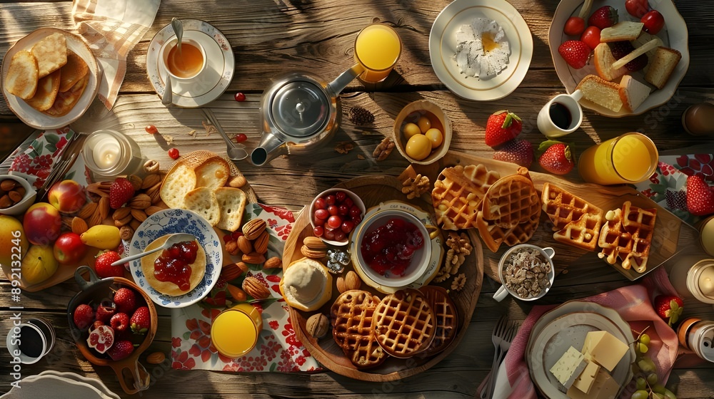 breakfast table full of various dishes. Belgian waffles, jam, nuts, fresh juice, sliced fruits, cheese platter, and a pot of hot coffee on breakfast table breakfast table full of various dishes. Belgian waffles, jam, nuts, fresh juice, sliced fruits, cheese platter, and a pot of hot coffee on breakfast table