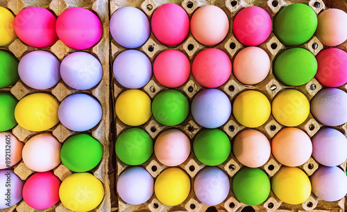 Multicolored easter eggs in egg tray. Creative Easter concept. Colorful handmade Easter eggs in paper container. Multicolored eggs in a cardboard egg carton. Egg in recycled basket protein breakfast. photo