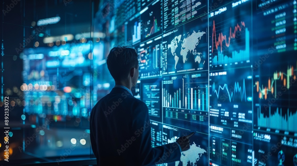 Businessperson analyzing stock market data on a large screen Businessperson analyzing stock market data on a large screen