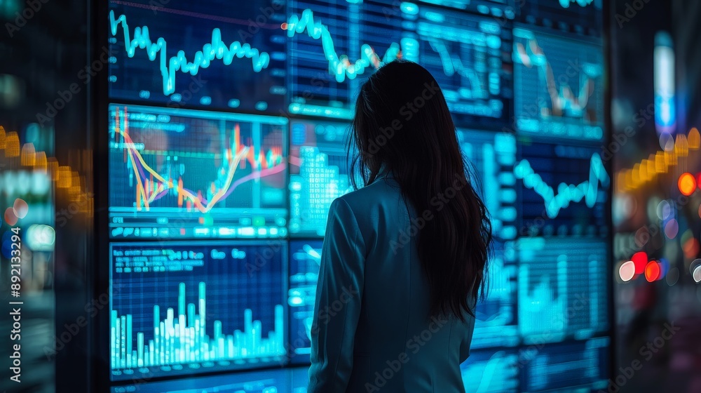 Businessperson analyzing stock market data on a large screen Businessperson analyzing stock market data on a large screen