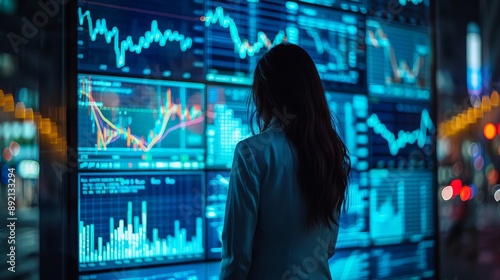 Businessperson analyzing stock market data on a large screen