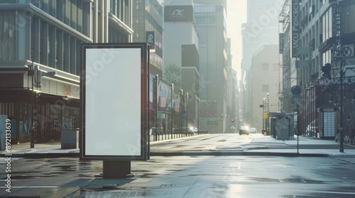 Blank street billboard on city street. Mock up of vertical advertising stand in the street