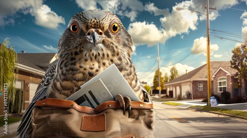 bird as a postal worker, with a mail bag and suburban street backdrop photo