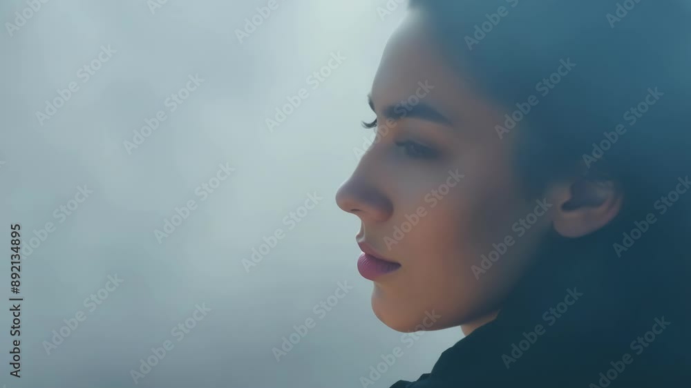 Slow zoom in on a persons face as the fog gradually clears revealing their serene and contemplative expression. Slow zoom in on a persons face as the fog gradually clears revealing their serene and contemplative expression.