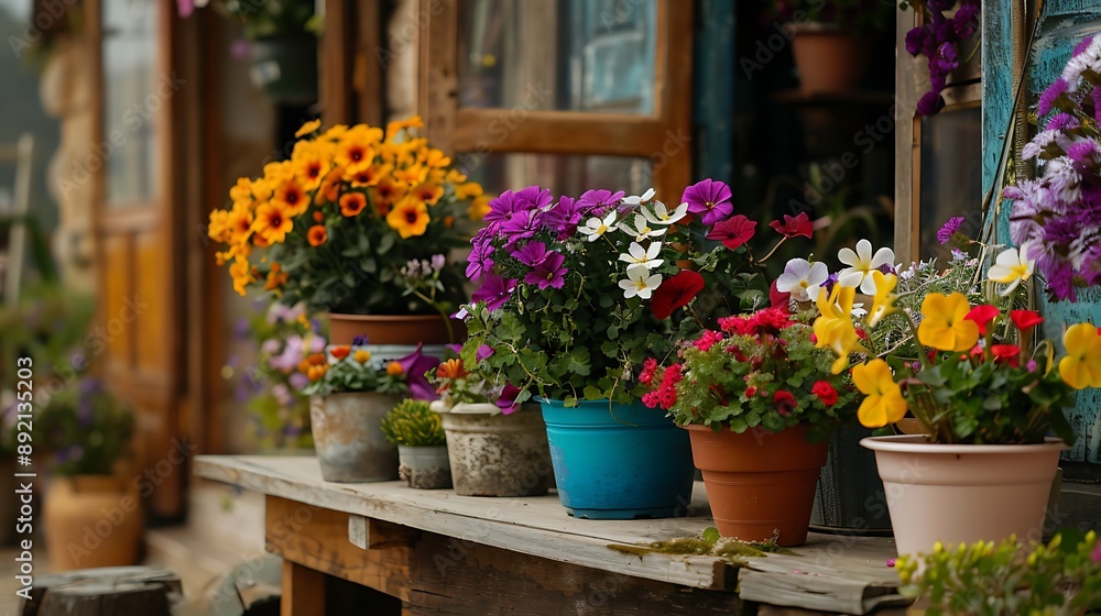Composition of assorted blooming flowers planted in pots and placed on wooden table in courtyard in village Composition of assorted blooming flowers planted in pots and placed on wooden table in courtyard in village