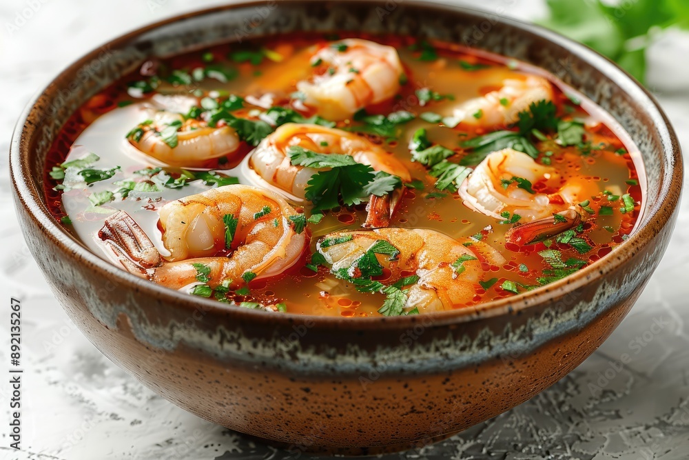 Delicious shrimp soup garnished with fresh cilantro served in a rustic bowl, perfect for a comforting and flavorful meal. Delicious shrimp soup garnished with fresh cilantro served in a rustic bowl, perfect for a comforting and flavorful meal.