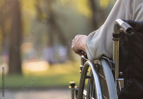 Man in wheelchair with physical disability mobility disorder. Close-up with copy space.