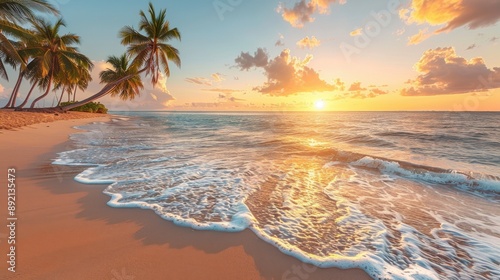 Fototapeta Naklejka Na Ścianę i Meble -  Tropical beach at sunset, golden sands, palm trees, calm waves, serene summer evening, picturesque coastline, copy space.
