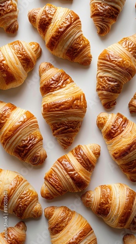 Freshly baked croissants with a golden-brown crust, perfect for a delicious breakfast or snack, arranged on a white background.