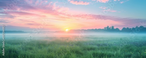 Meadow at dawn with mist rising, soft pastel colors, tranquil and serene atmosphere, perfect for landscape and nature photography promotions, copy space.