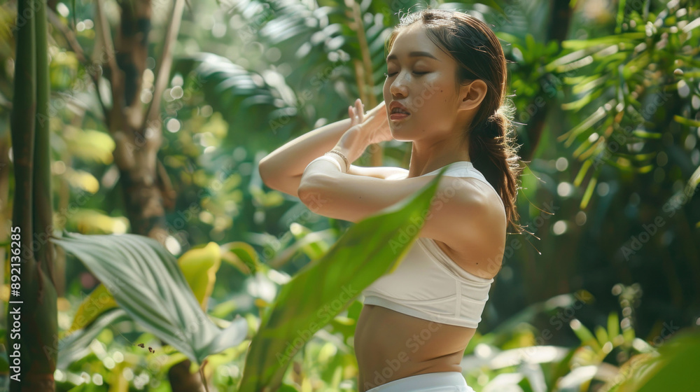 Fit female jogger in white sportswear stretching muscles in a botanical garden. Asian runner preparing for a healthy outdoor jog. Wellness being concept. Fit female jogger in white sportswear stretching muscles in a botanical garden. Asian runner preparing for a healthy outdoor jog. Wellness being concept.