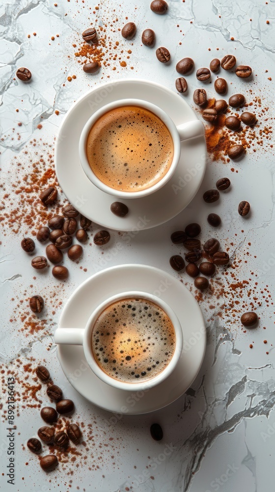 Two coffee cups filled with espresso surrounded by coffee beans on a marble background. Perfect for illustrating coffee culture or a morning routine. Two coffee cups filled with espresso surrounded by coffee beans on a marble background. Perfect for illustrating coffee culture or a morning routine.
