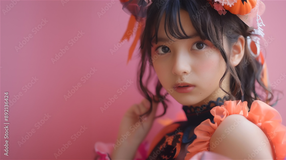 ピンクの背景のピンクのドレスを着た日本人の女の子 ピンクの背景のピンクのドレスを着た日本人の女の子