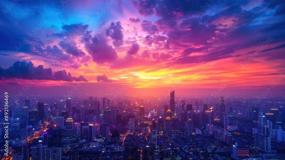 Modern cityscape at dusk, colorful sunset transitioning to city lights, dynamic and vibrant, ideal for urban and twilight visuals, copy space. Modern cityscape at dusk, colorful sunset transitioning to city lights, dynamic and vibrant, ideal for urban and twilight visuals, copy space.