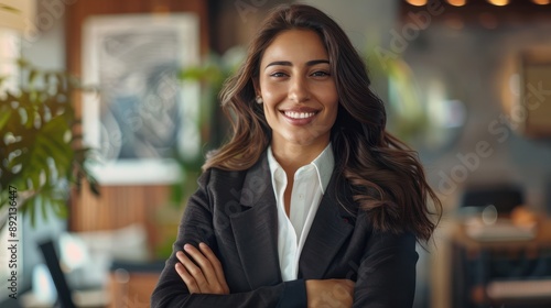 Hispanic smiling toothy Latino Indian successful confident Arabian businesswoman worker lady boss female leader girl business woman posing crossed hands looking at camera in office corporate portrait