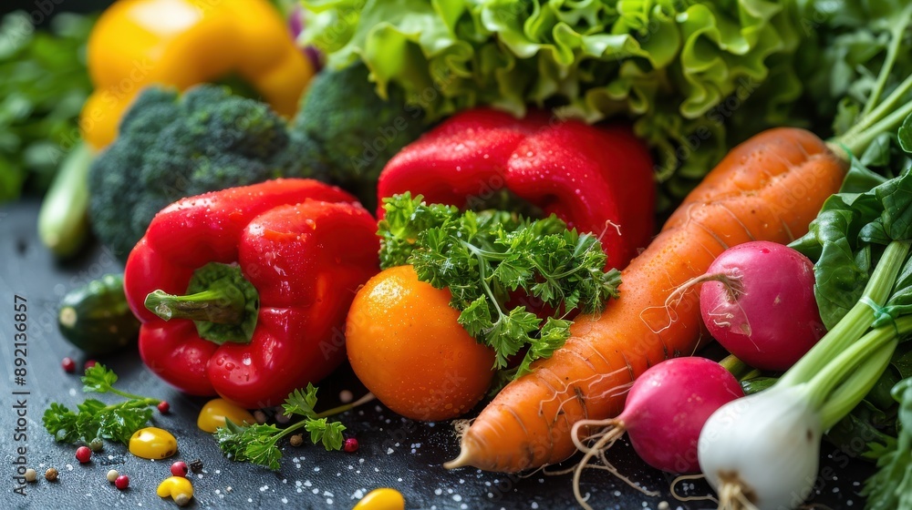 Close-up of organic vegetables freshly picked from the farm, colorful assortment, copy space, perfect for healthy eating and organic produce content.