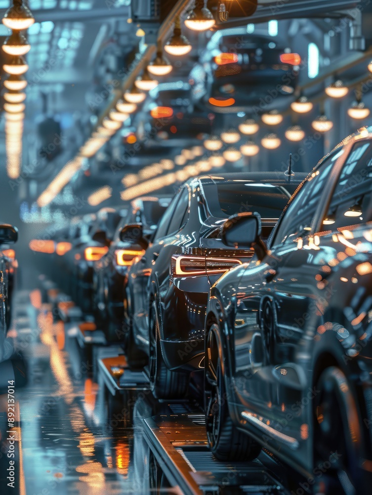 Mass production assembly line of modern cars in a busy factory, generative ai Mass production assembly line of modern cars in a busy factory, generative ai