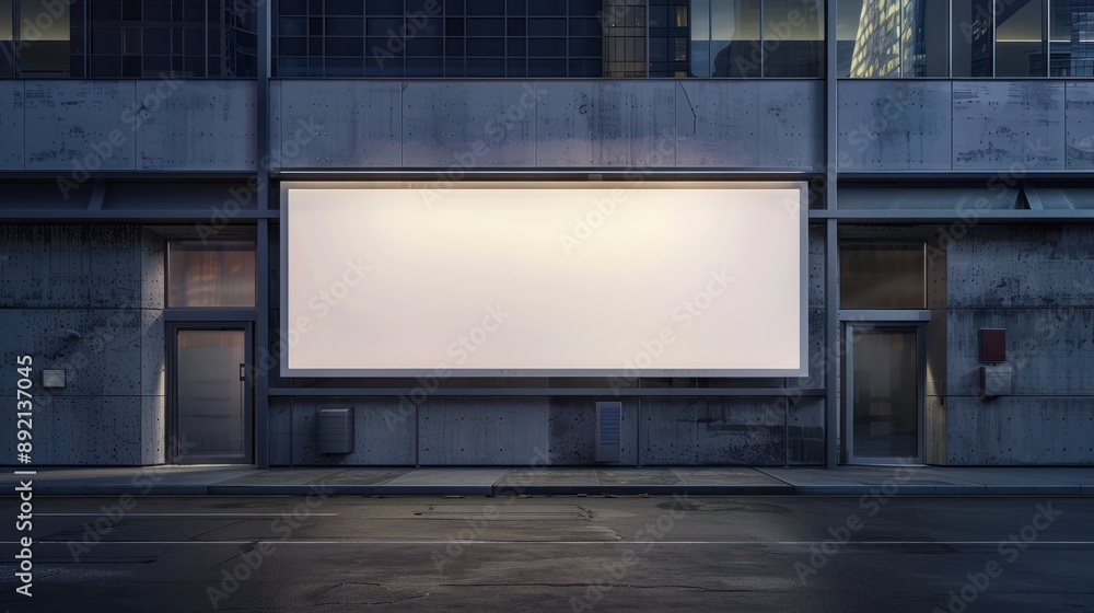Mockup of a night time blank white advertising billboard on an office building wall. Mockup of a night time blank white advertising billboard on an office building wall.