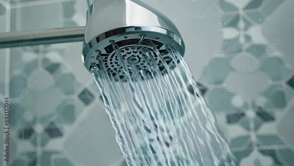 Modern Shower Head: Water Flow and Droplets in Stylish Bathroom Modern Shower Head: Water Flow and Droplets in Stylish Bathroom