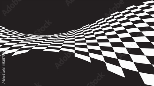 Abstract waved chess background. Warped texture with black and white squares. Trippy black and white checkered surface. Abstract monochrome backdrop