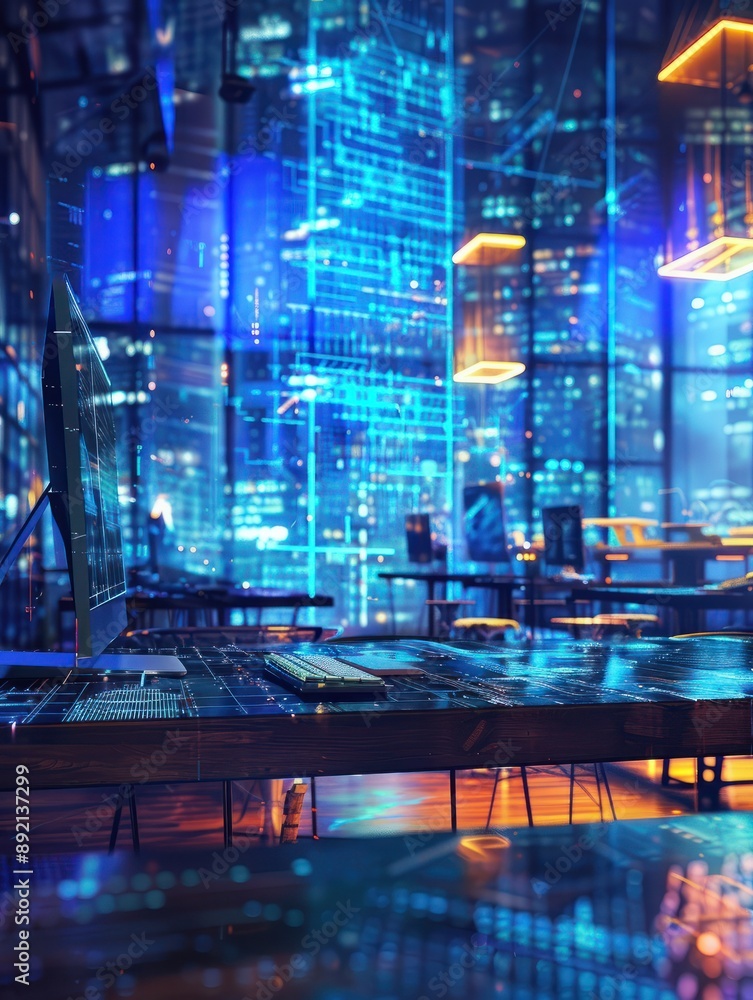 Modern neon cyberpunk open space office interior blurred with information technology overlay. Corporate strategy for finance, operations, marketing. Tables with computers for work. Technology Modern neon cyberpunk open space office interior blurred with information technology overlay. Corporate strategy for finance, operations, marketing. Tables with computers for work. Technology
