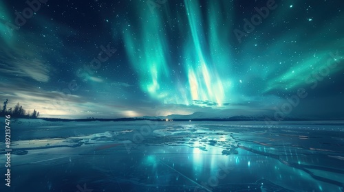 Aurora borealis dancing above a tranquil frozen lake, reflections shimmering on the ice, copy space, perfect for serene and magical night sky themes. © vlabcolor