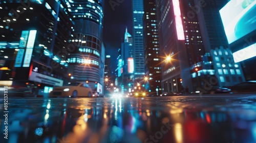 Perspective view of an advertising banner on a city night street, layout. Modern billboard. Tall skyscrapers sparkling with neon lights, cars moving in slow motion. photo