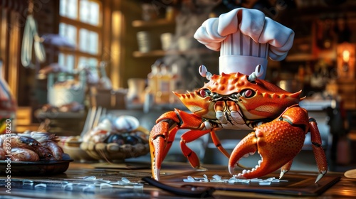 crab as a chef, with a seafood restaurant backdrop photo