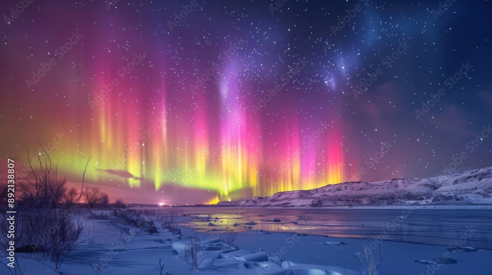 Breathtaking northern lights over a snowy landscape, vibrant aurora borealis colors illuminating the night sky, copy space, ideal for nature and celestial wonders content. Breathtaking northern lights over a snowy landscape, vibrant aurora borealis colors illuminating the night sky, copy space, ideal for nature and celestial wonders content.