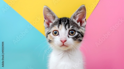 cute domestic purebred shorthair cat isolated on colorful background