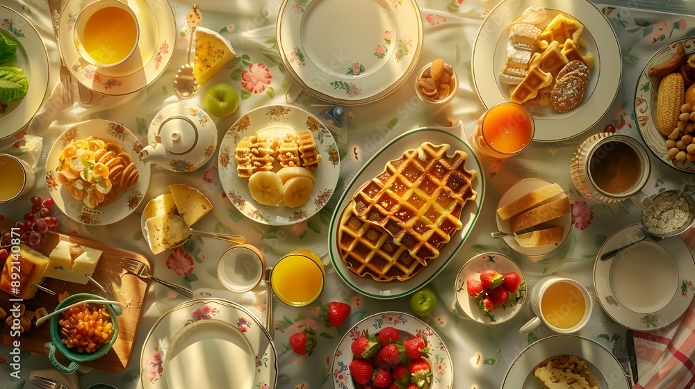 breakfast table full of various dishes. Belgian waffles, jam, nuts, fresh juice, sliced fruits, cheese platter, and a pot of hot coffee on breakfast table breakfast table full of various dishes. Belgian waffles, jam, nuts, fresh juice, sliced fruits, cheese platter, and a pot of hot coffee on breakfast table
