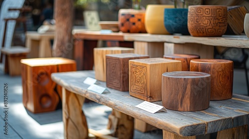 Wooden Stools Displayed on a Rustic Table