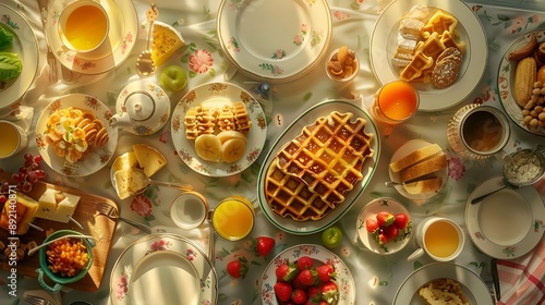 breakfast table full of various dishes. Belgian waffles, jam, nuts, fresh juice, sliced fruits, cheese platter, and a pot of hot coffee on breakfast table © Burak