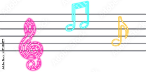 Neon glowing icon of colorful musical notes. Vector illustration of music note consisting of neon outlines. Music concept illustration for poster, flyer or banner design.