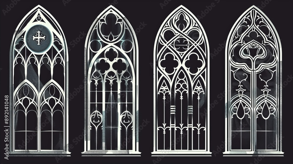 Gothic church windows in a classic glyph style. Silhouettes of arched ...