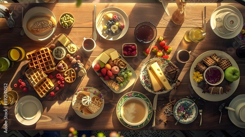 breakfast table full of various dishes. Belgian waffles, jam, nuts, fresh juice, sliced fruits, cheese platter, and a pot of hot coffee on breakfast table © Burak