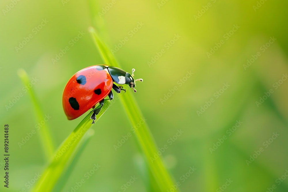 Ladybug Resting on Blade of Grass A ladybug delicately perched on the tip of a blade of grass its bright red shell adorned with black spots serving as a charming symbol of good luck Ladybug Resting on Blade of Grass A ladybug delicately perched on the tip of a blade of grass its bright red shell adorned with black spots serving as a charming symbol of good luck