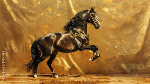 horse as an elegant dancer, in a ballroom outfit against a gold backdrop photo