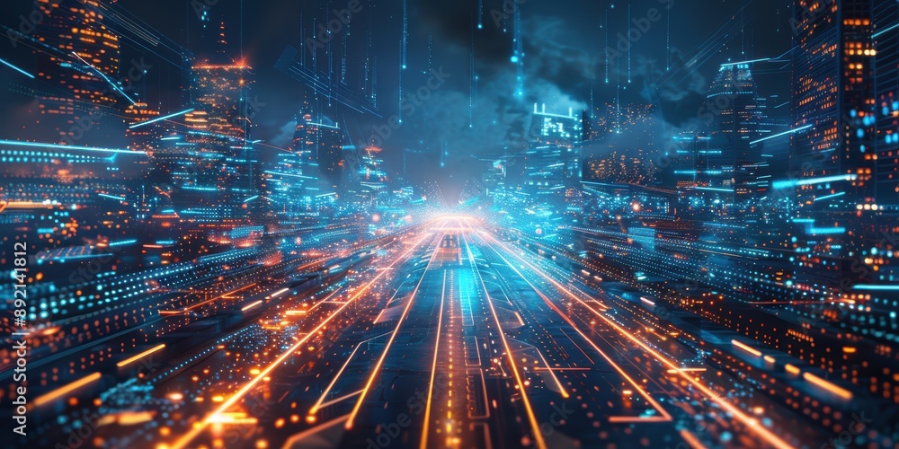 A surreal representation of an AI-driven smart city with glowing infrastructure and digital citizens A surreal representation of an AI-driven smart city with glowing infrastructure and digital citizens