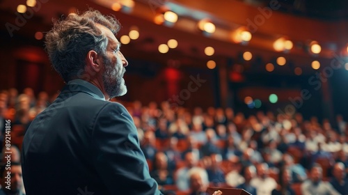 CEO giving a speech at a company event in a large auditorium