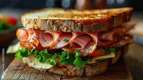 A scrumptious sandwich featuring layers of ham and melted cheese, served on freshly toasted.