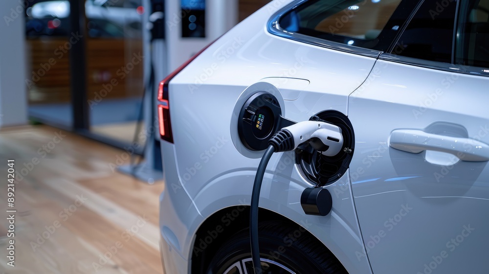 Close-up of an electric car being charged with a plug inserted into the charging port. Close-up of an electric car being charged with a plug inserted into the charging port.