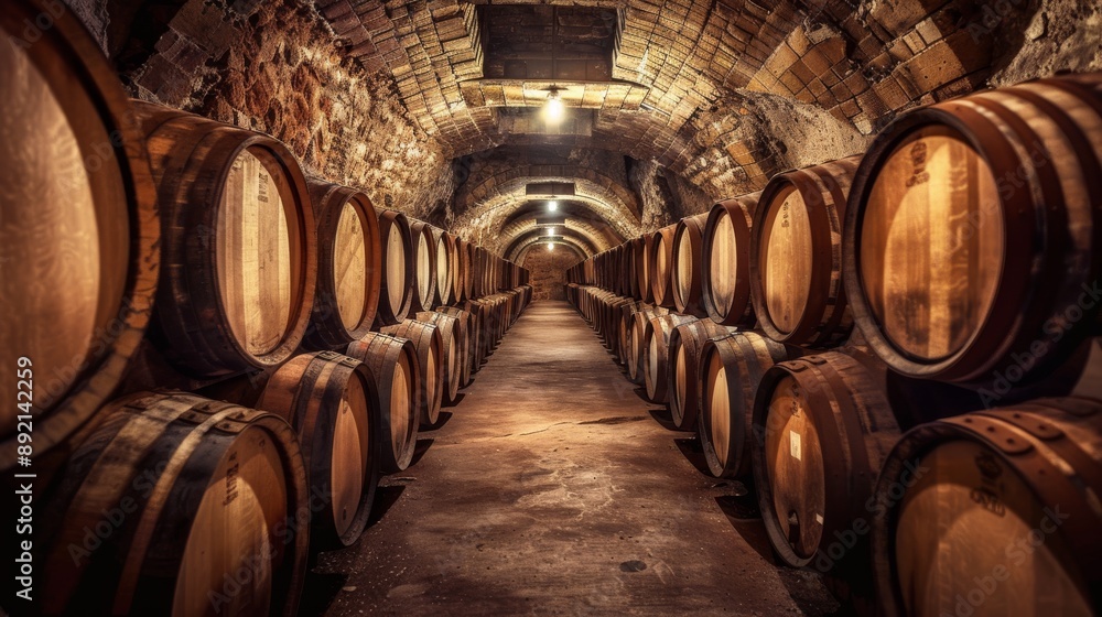 Oak barrel wine aging process. Wine cellar interior design. Oak barrel wine aging process. Wine cellar interior design.