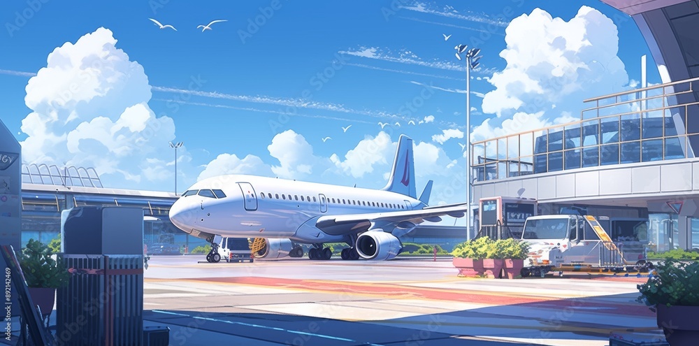 Expansive airports landscape in anime style. Expansive airports landscape in anime style.