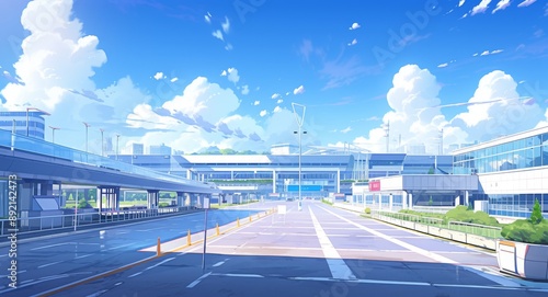 Expansive airports landscape in anime style. photo